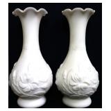 Pair IG milk glass rose floral vases