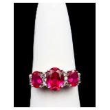 Sterling triple oval cut ruby ring, lab created