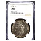 Graded AU58 1891 Morgan silver dollar