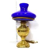 Vntg brass lamp with blue glass shade