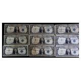 Lot of 9 blue seal $1 silver certificates