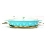 Vntg Pyrex 1.5qt turqoise snowflake dish w/ holder