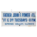 Vntg porcelain 24x10 Father John Power church sign