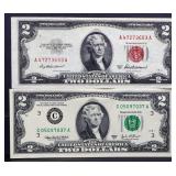 Lot of 2 red & green seal $2 notes with info card