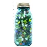Vntg blue fruit jar w/ marbles in side
