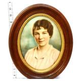 Vntg oval wood frame lady portrait