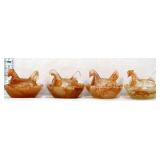 Lot of 4 miniature amber swirl hens on nest