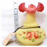 Fenton signed burmese 6in vase w/ roses
