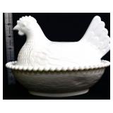 Milk glass 7in hen on nest-not vintage