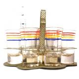 Vntg lot of 6 stripe shot glasses w/ caddy, 1 chip