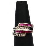 Sterling white sapphire & ruby ring, lab created