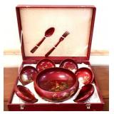 1960s red laquer salad set in org case
