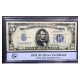 1934 blue seal $5 silver certificate