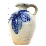 Vntg stoneware pitcher with cobalt decorated leaf
