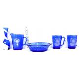 5 piece blue glass lot, inc Shirley Temple creamer