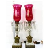 Pair 20in cranberry shade lamps w/ glass prisms