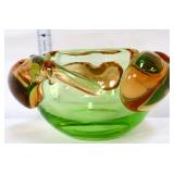Small art glass green/amber bowl