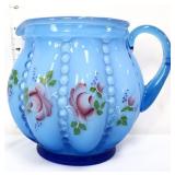 Fenton blue cased melon rib beaded pitcher