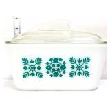 Vntg Glasbake milk glass fridge dish w/ flowers