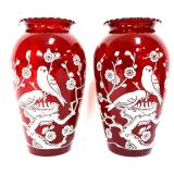 Pair 9in ruby red Hoover bird vases
