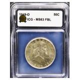 Graded MS63 1949D Franklin half dollar