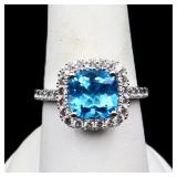 Sterling square cut blue topaz ring, lab created