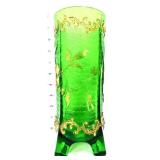 Vntg green 10in footed vase w/ gold scroll