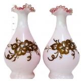 Pair vntg peach crest 10in vases