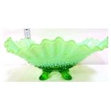 Vntg green opalescent footed beaded drapes bowl