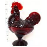 Red glass rooster candy dish