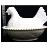 Milk glass 7in hen on nest-not vintage