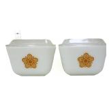 Pair Pyrex #501 butterfly gold fridge dishes & lid