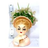 Vntg Inarco lady head vase w/ faux flowers