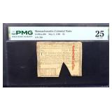 Graded 25 Massachusetts 1780 $3 colonial note