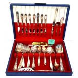 Lot of vntg silverplate flatware in blue case