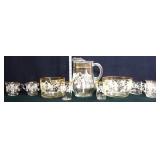 Vntg clear glass beverage set w/ white leaves