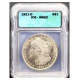 Graded MS62 1921D Morgan silver dollar