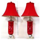 Pair cranberry glass lamps w/ red shades