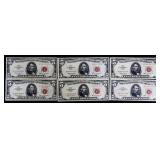 Lot of 6 red seal $5 notes