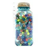 Vntg blue fruit jar w/ marbles in side