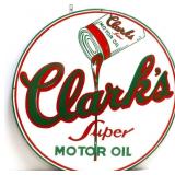 Round porcelain 30in Clarks Motor Oil sign NO SHIP
