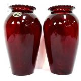 Pair ruby red 9in glass vases