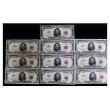 Lot of 10 red seal $5 notes