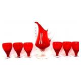 7 piece vntg red pedestal pitcher & glass set