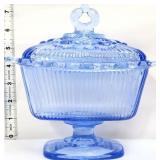 Blue glass lace edge covered candy dish