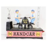 Cast iron mechanical RR handcar bank