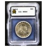 Graded MS64 1949D Franklin half dollar