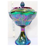 Vntg Indiana Glass blue carnival lidded compote