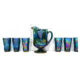 Vntg 6 piece blue carnival water set, pitcher chip