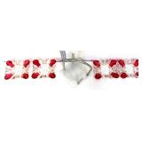 Set of 4 cranberry/clear ashtrays w/ metal holder